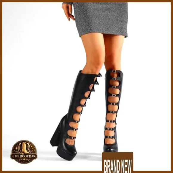 Knee High Platform Boots Chunky Heel Buckle Detail Patent Leather Wide Calf